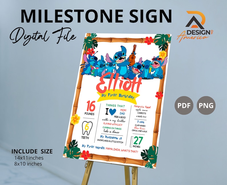Op de afbeelding: Een afdrukbaar mijlpaalbord met een blauw Stitch-personage uit de Disney-film Lilo & Stitch. Het bord is versierd met tropische bladeren en bloemen. Het bevat een checklist met dingen die de baby kan doen, zoals rollen, zitten en lopen. Het bord bevat ook de naam van de baby, zijn gewicht, zijn lengte en zijn leeftijd. Het bord is verkrijgbaar in twee maten: 35,56 cm x 27,94 cm en 20,32 cm x 25,4 cm.