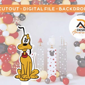 May include: A cutout of Pluto, a cartoon dog with brown fur, sitting with his tail curled around his legs. He is wearing a red collar. The background is a balloon arch with red, white, and black balloons.