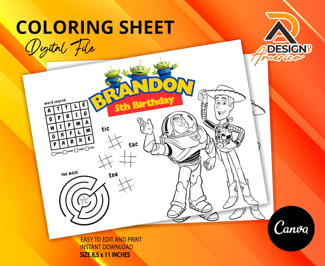 Toy Story - Buzz - Coloring Sheet - Woody Party Activity - Birthday ...