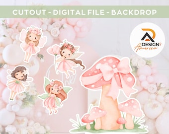 May include: A digital backdrop featuring watercolor illustrations of fairies and mushrooms in shades of pink and peach. The fairies wear flower crowns and dresses. The text "CUTOUT - DIGITAL FILE - BACKDROP" is at the top.