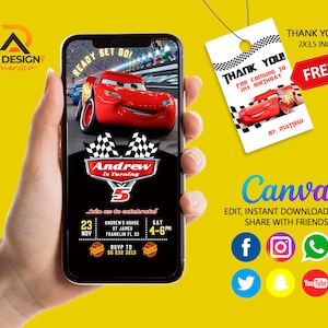 Cars Birthday Invitation | Kids Birthday Mobile Invite | Lightning McQueen Evite, Editable Personalized Canva Printable Digital Invitation