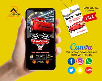 Cars Birthday Invitation | Kids Birthday Mobile Invite | Lightning McQueen Evite, Editable Personalized Canva Printable Digital Invitation