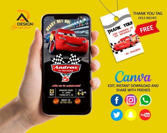 Cars Birthday Invitation | Kids Birthday Mobile Invite | Lightning McQueen Evite, Editable Personalized Canva Printable Digital Invitation