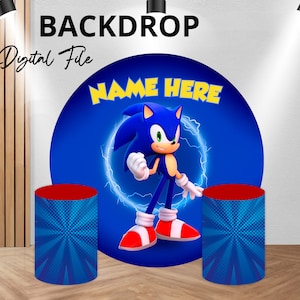 May include: A blue and yellow circular backdrop featuring Sonic the Hedgehog, a blue anthropomorphic hedgehog with red shoes, standing in front of a yellow lightning bolt. The backdrop says "NAME HERE" in yellow letters.