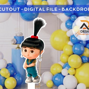 Op de afbeelding: Een uitsnede van een cartoonmeisje met zwart haar en een gele jumpsuit. Ze staat voor een achtergrond van blauwe, gele en witte ballonnen. De tekst "CUT OUT - DIGITAL FILE - BACKDROP" staat bovenaan de afbeelding. De tekst "DESIGN® America" staat rechtsonder in de afbeelding.