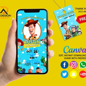 Puede incluir: Una invitación digital para una fiesta de cumpleaños de 5 años con una imagen de dibujos animados de Woody de Toy Story. La invitación es azul y presenta nubes, una estrella amarilla y el texto "To Infinity and Beyond!" La invitación también incluye el nombre "Austin" y la fecha "Oct 25th".
