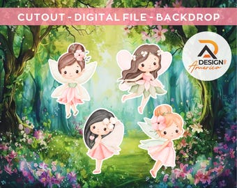 May include: Four whimsical fairy cutouts with pink and green dresses, wings, and floral accents. The fairies are set against a backdrop of a lush forest with the text "CUTOUT - DIGITAL FILE - BACKDROP".