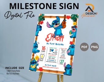 Bearbeitbares Hawaiianisches Geburtstags-Meilenstein-Poster Stitch Milestone Board Tropische Geburtstagsparty-Dekorationen Sofortiger Download Geburtstagsposter