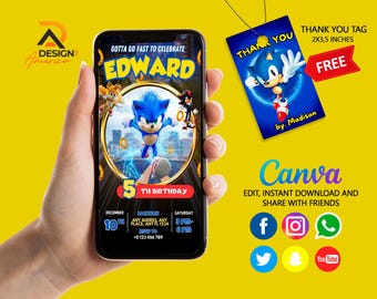 Editable Mobile sonic Birthday Invitation Template, Birthday Party Invitations, Digital Kids Party Invite, Instant Download, Sonic Digital