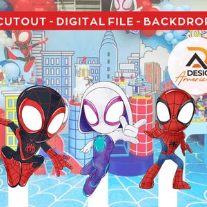 May include: A digital backdrop featuring three cartoon Spider-Man characters in a cityscape setting. The characters are in red, black, white, and blue. The backdrop has the text "CUTOUT - DIGITAL FILE - BACKDROP" in red.