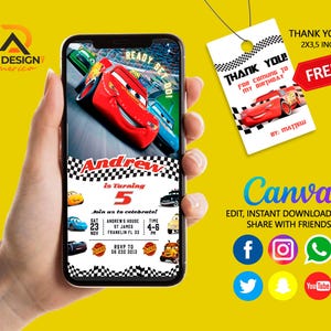 Cars Birthday Invitation | Kids Birthday Mobile Invite | Lightning McQueen Evite, Editable Personalized Canva Printable Digital Invitation