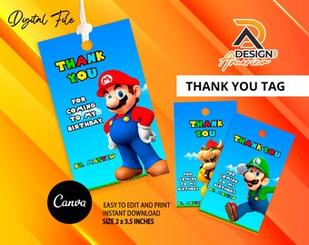 Editable Super Mario and Luigi Boxer Favor Tag | Printable Birthday Gift Tag | Kids party Template | Instant Download | Party Favors Mario