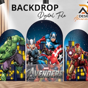 May include: A digital file backdrop featuring Marvel's Avengers characters: Hulk, Thor, Captain America, Spider-Man, and Iron Man. The backdrop has a night sky background with city silhouettes and the text "BACKDROP Digital File".