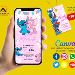 Editable Mobile Stitch 626 Birthday Invitation Template, Birthday Party Invitations, Digital Kids Party Invite, Instant Download, Stitch