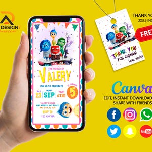 Modelo de convite de aniversário editável para celular, convites para festa de aniversário, convite digital para festa infantil, download instantâneo, de dentro para fora