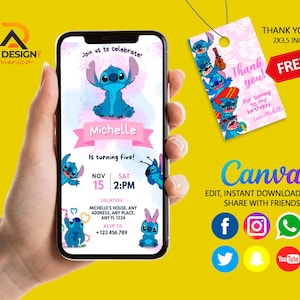 Editable Mobile Stitch 626 Birthday Invitation Template, Birthday Party Invitations, Digital Kids Party Invite, Instant Download, Stitch