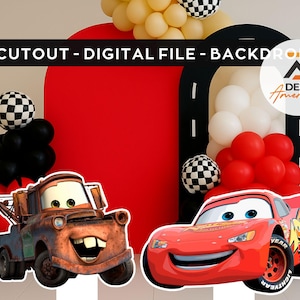 May include: A backdrop featuring cutout images of the Cars movie characters, Mater and Lightning McQueen, with a red background and balloon decorations. The text "CUTOUT - DIGITAL FILE - BACKDROP" is displayed at the top.