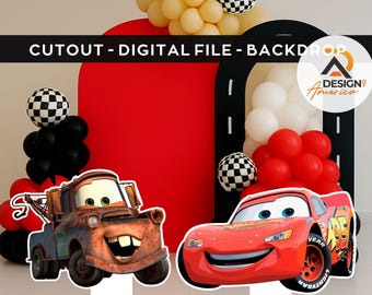 Printable Lightning McQueen and Mater cutout from Cars, ideal for party decorations, birthdays, or as a standee prop. Digital download.