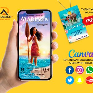 Puede incluir: Una invitación digital para una fiesta de cumpleaños con una imagen de dibujos animados de Moana de la película de Disney Moana. La invitación es para una niña llamada Madison que cumple cinco años. La invitación tiene un esquema de color azul, verde y naranja e incluye el texto "¡El océano te llama!" y "¡Madison cumple cinco años!"