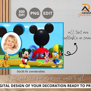 Peut inclure: Une toile de fond num&eacute;rique imprimable mettant en sc&egrave;ne Mickey Mouse et d'autres personnages Disney. La toile de fond est bleue et jaune avec un cadre photo au centre. Le texte "all text are editable on canva" est visible dans le coin sup&eacute;rieur droit. La toile de fond mesure 56 pouces par 36 pouces.