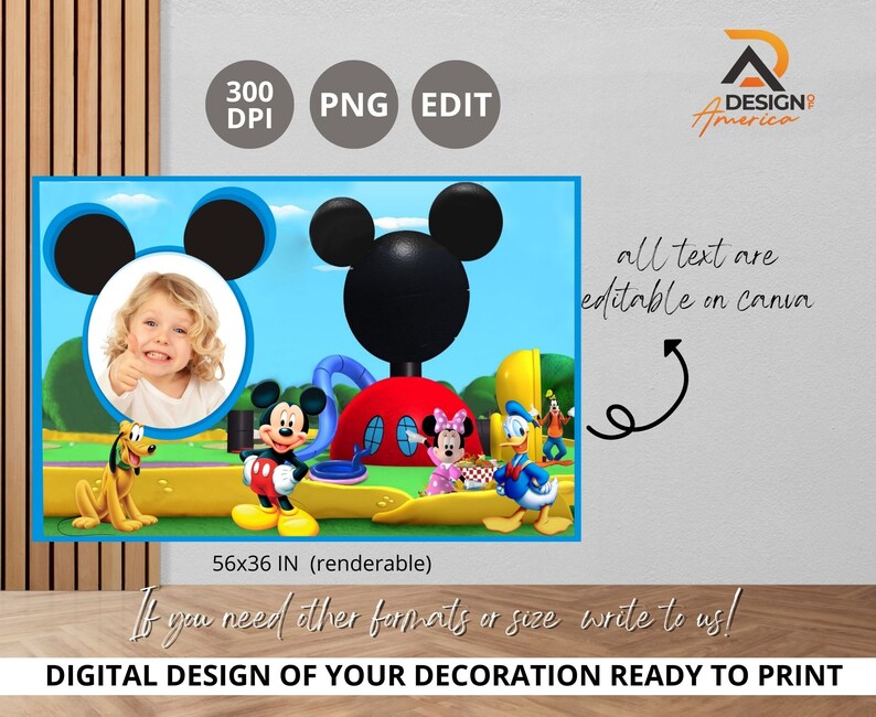 Peut inclure: Une toile de fond num&eacute;rique imprimable mettant en sc&egrave;ne Mickey Mouse et d'autres personnages Disney. La toile de fond est bleue et jaune avec un cadre photo au centre. Le texte "all text are editable on canva" est visible dans le coin sup&eacute;rieur droit. La toile de fond mesure 56 pouces par 36 pouces.