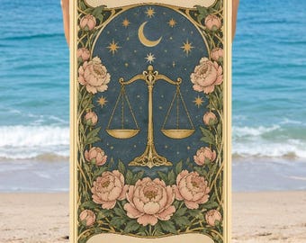 May include: A rectangular beach towel featuring a Libra zodiac design with a central gold scale, a crescent moon, and stars against a dark blue background. The border is decorated with pink peonies and green leaves, with the text LIBRA and ZARA.