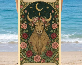 May include: A rectangular beach towel featuring a central illustration of a bull with a floral crown, surrounded by pink and red roses on a dark green background. The text TAURUS appears at the top and ZARA at the bottom in dark lettering.