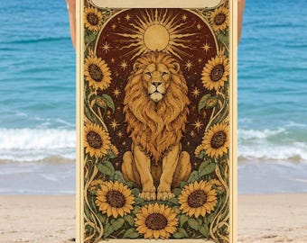 May include: A rectangular beach towel featuring a central illustration of a lion surrounded by sunflowers and a sun motif. The design includes the text LEO at the top and ZARA at the bottom, set against a dark brown background with gold accents.