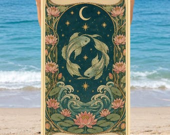 May include: A rectangular beach towel featuring a dark teal background with two koi fish swimming in a circle, a crescent moon, stars, and pink lotus flowers. The top banner reads PISCES and the bottom banner reads ZARA in dark lettering.
