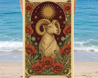 May include: A rectangular beach towel featuring a tarot-style illustration of a ram with large curved horns. The design includes a central sun, red poppy flowers, and green foliage on a dark background. The text ARIES and ZARA is printed.