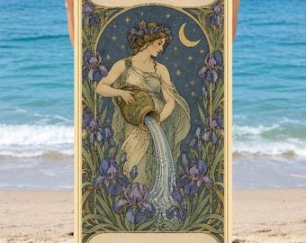 May include: A rectangular beach towel featuring an Art Nouveau style illustration of the Aquarius zodiac sign. The design includes a figure pouring water from a jug, surrounded by purple irises, a crescent moon, and the text AQUARIUS and ZARA.