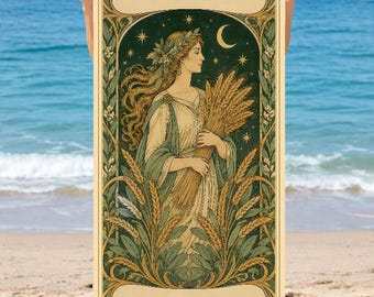 May include: A rectangular beach towel featuring a dark green and cream illustration of a woman holding wheat, framed by ornate botanical borders. The text VIRGO is printed at the top and the name ZARA is printed at the bottom in dark lettering.