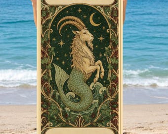 May include: A rectangular beach towel featuring a Capricorn zodiac illustration. The design shows a sea-goat creature in a dark green frame with gold stars and a crescent moon. The word CAPRICORN is printed at the top and ZARA at the bottom.