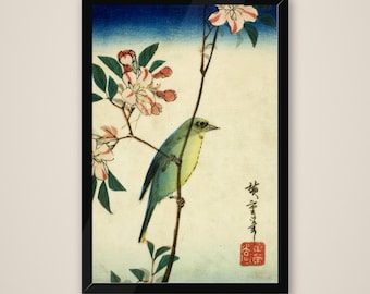 May include: A framed art print featuring a light green bird perched on a thin branch with pink blossoms and green leaves. The background transitions from a dark blue top to a cream-coloured bottom. Black Japanese calligraphy and a red seal are visible.