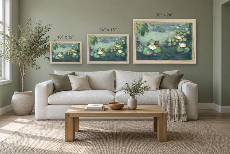 K&ouml;nnte beinhalten: Drei gerahmte Landschaftsdrucke mit Seerosen auf einem Teich in den Gr&ouml;&szlig;en 46 x 30 cm, 61 x 41 cm und 91 x 61 cm. Das Kunstwerk zeigt gr&uuml;ne Seerosenbl&auml;tter und wei&szlig;e Bl&uuml;ten auf dunklem Wasser in hellen Holzrahmen.