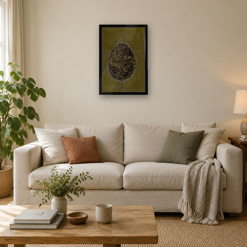 May include: A framed wall art print featuring a single, detailed leaf illustration in black and gold tones against a muted olive green background, displayed in a simple black frame on a plain, light-colored wall.