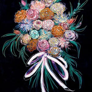 May include: A vibrant floral bouquet painting on a black background featuring stylized roses and chrysanthemums in shades of orange, pink, and white, accented with teal green foliage and tied with a white ribbon at the base.