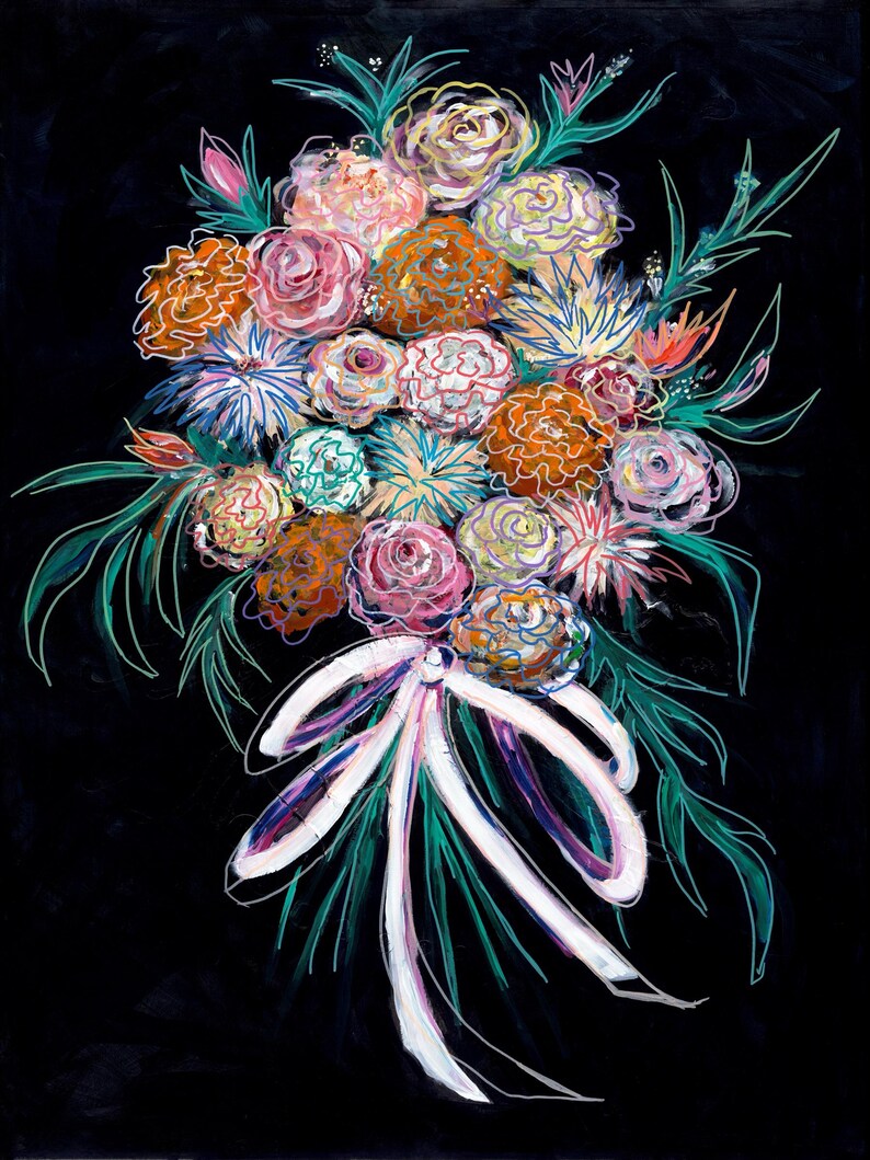 May include: A vibrant floral bouquet painting on a black background featuring stylized roses and chrysanthemums in shades of orange, pink, and white, accented with teal green foliage and tied with a white ribbon at the base.