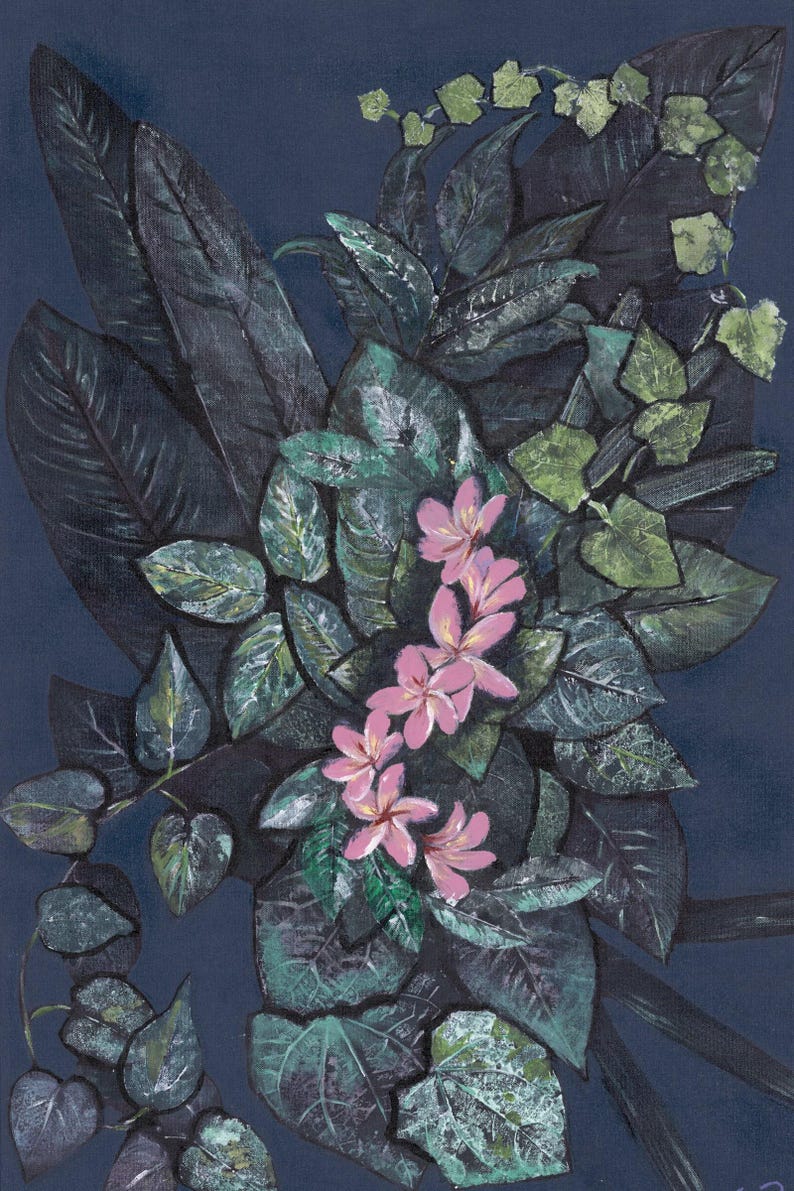 May include: A painting featuring a cluster of five light pink flowers with yellow centers, surrounded by dark green and teal foliage. The composition includes broad, textured leaves and trailing ivy-like vines against a deep navy blue background.
