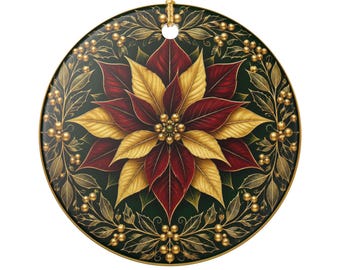 May include: A round, flat Christmas ornament featuring a central poinsettia flower with alternating deep red and metallic gold leaves. The design is set against a dark green background and framed by a circular border of gold holly leaves and berries.