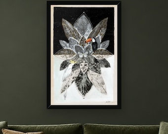 May include: A framed rectangular art print featuring a central mandala-like arrangement of grey and black leaves. A toucan with an orange beak sits on the right, while a white cockatoo with a yellow crest is positioned on the lower left side.
