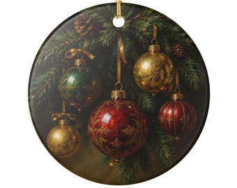 May include: A round ceramic Christmas ornament featuring a detailed illustration of five hanging baubles in red, green, and gold colours with intricate gold filigree patterns, suspended from dark green pine branches with small brown pinecones.