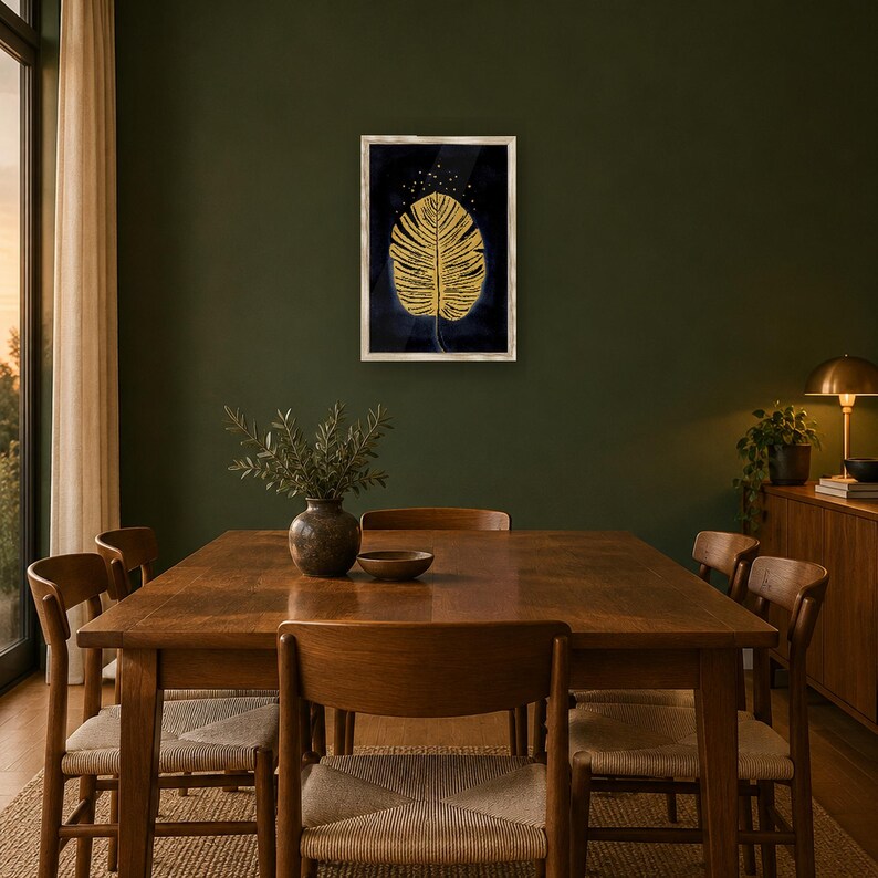 May include: A rectangular wall art piece in a light-colored frame featuring a gold-colored monstera leaf illustration centered on a dark navy blue background with small gold dots above the leaf, displayed on a dark green wall.