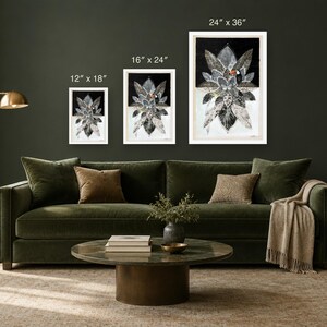 May include: Three framed rectangular wall art prints featuring a botanical and toucan illustration in black, white, and gray. The prints are labeled with dimensions of 12" x 18", 16" x 24", and 24" x 36" respectively, displayed in a horizontal row.