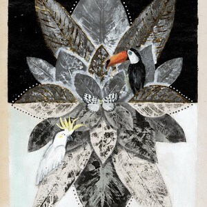 May include: A mixed media artwork featuring a central arrangement of gray and black leaves with gold accents. A white cockatoo with a yellow crest and a toucan with an orange beak are perched among the foliage, with a small butterfly in the center.