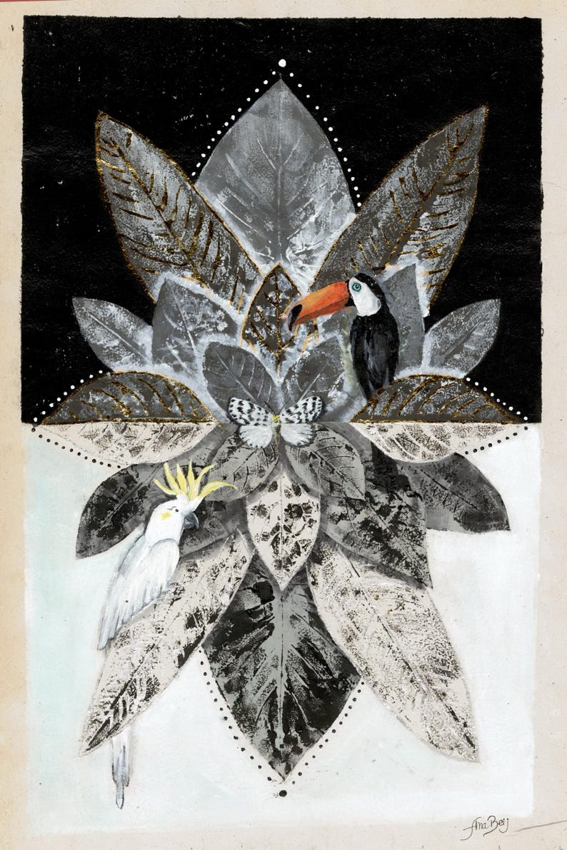 May include: A mixed media artwork featuring a central arrangement of gray and black leaves with gold accents. A white cockatoo with a yellow crest and a toucan with an orange beak are perched among the foliage, with a small butterfly in the center.