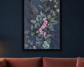 May include: A framed rectangular wall art piece featuring a dark navy blue background with a dense arrangement of textured, deep green and black foliage, accented by a central vertical cluster of five small, light pink, five-petaled flowers.