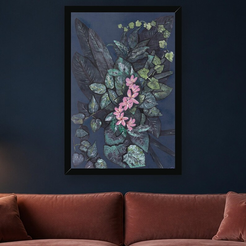 May include: A framed rectangular wall art piece featuring a dark navy blue background with a dense arrangement of textured, deep green and black foliage, accented by a central vertical cluster of five small, light pink, five-petaled flowers.