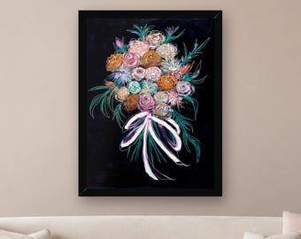 May include: A framed wall art print featuring a vibrant bouquet of flowers in shades of pink, orange, blue, and white against a solid black background. The floral arrangement is tied with a white ribbon and accented by green foliage.