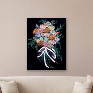 May include: A rectangular wall art print featuring a vibrant floral bouquet against a solid black background. The bouquet consists of multi-colored flowers in shades of pink, orange, and blue, accented by green leaves and tied with a white ribbon.